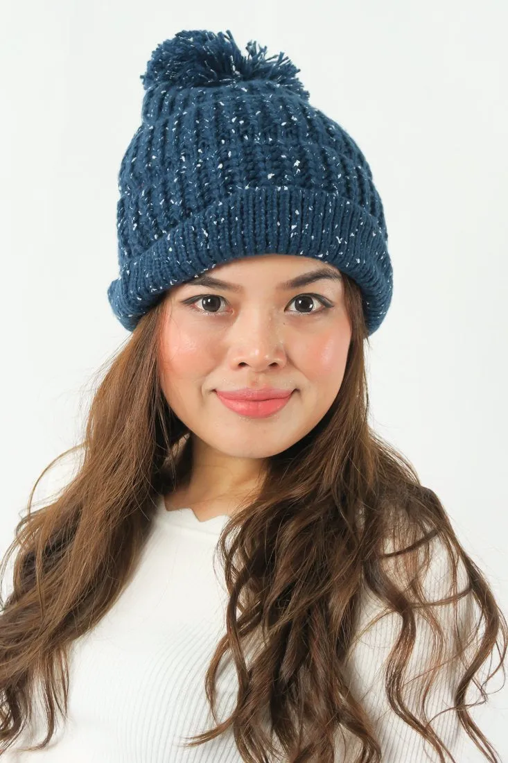 หมวกไหมพรม ทรงบีนนี่แต่งปอม แบบบุขนด้านใน - Winter Beanie Warm Fleece Lining Thick Slouchy Cable Knit Hat