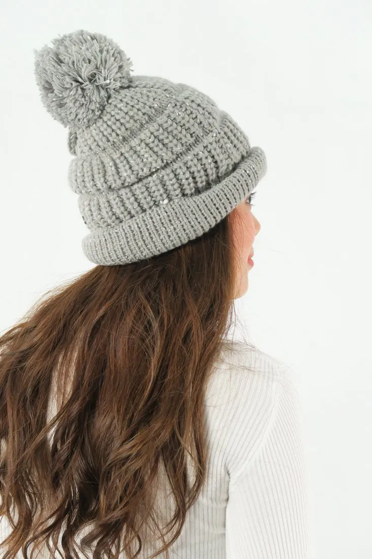 หมวกไหมพรม ทรงบีนนี่แต่งปอม แบบบุขนด้านใน - Winter Beanie Warm Fleece Lining Thick Slouchy Cable Knit Hat