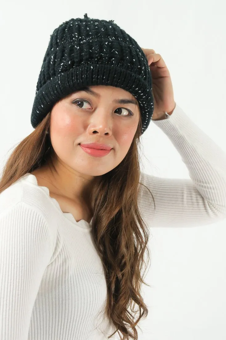 หมวกไหมพรม ทรงบีนนี่แต่งปอม แบบบุขนด้านใน - Winter Beanie Warm Fleece Lining Thick Slouchy Cable Knit Hat