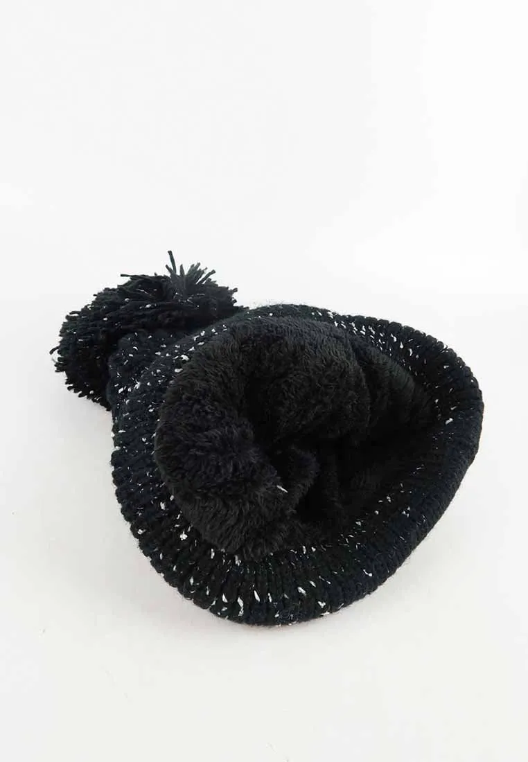 หมวกไหมพรม ทรงบีนนี่แต่งปอม แบบบุขนด้านใน - Winter Beanie Warm Fleece Lining Thick Slouchy Cable Knit Hat