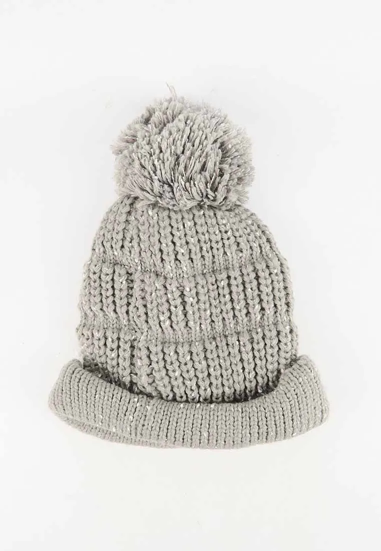 หมวกไหมพรม ทรงบีนนี่แต่งปอม แบบบุขนด้านใน - Winter Beanie Warm Fleece Lining Thick Slouchy Cable Knit Hat