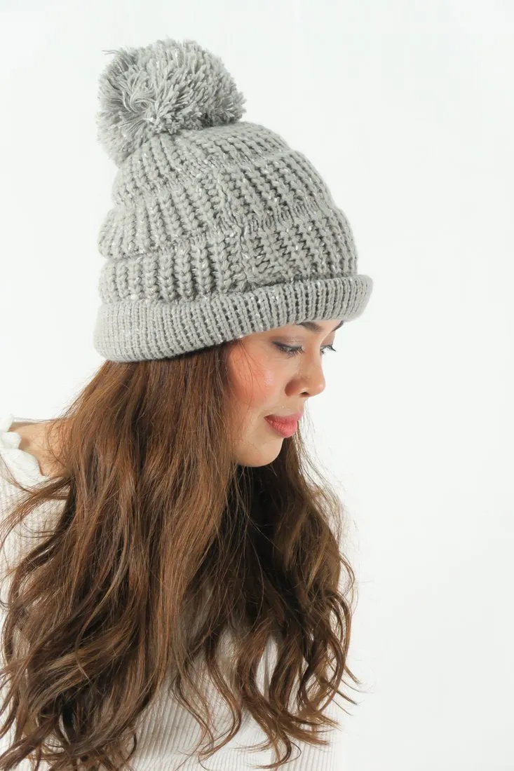 หมวกไหมพรม ทรงบีนนี่แต่งปอม แบบบุขนด้านใน - Winter Beanie Warm Fleece Lining Thick Slouchy Cable Knit Hat