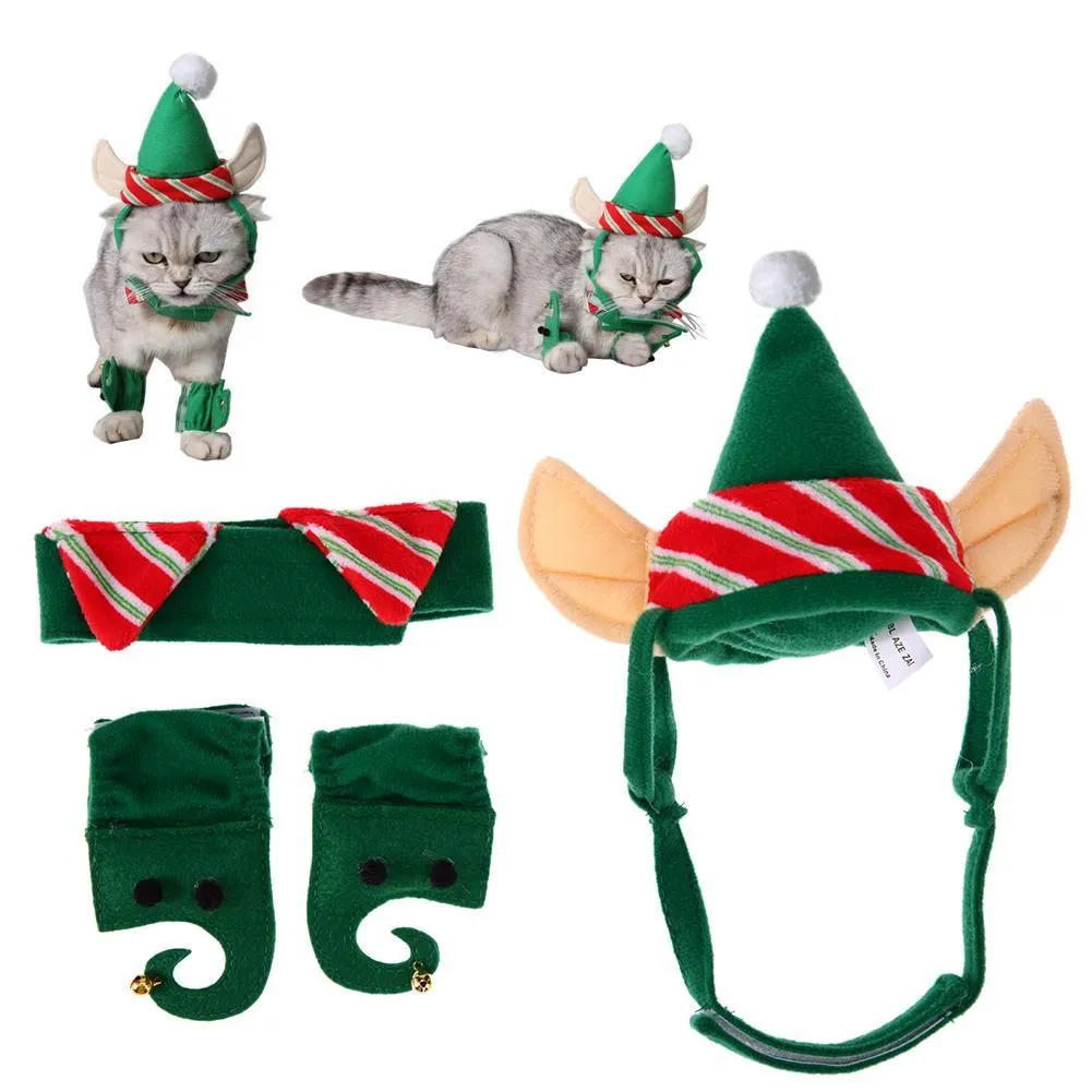 4pcs Pet Hat Set Warm Dogs Cats Christmas Green Hat Necklace Feet Sleeve