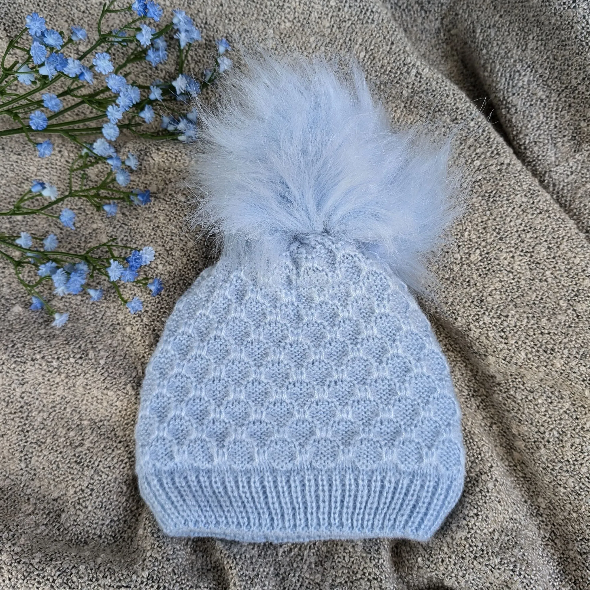 Cozy Blue Knitted Pom-Pom Hat for Baby Boys – Cute & Stylish Winter Accessory