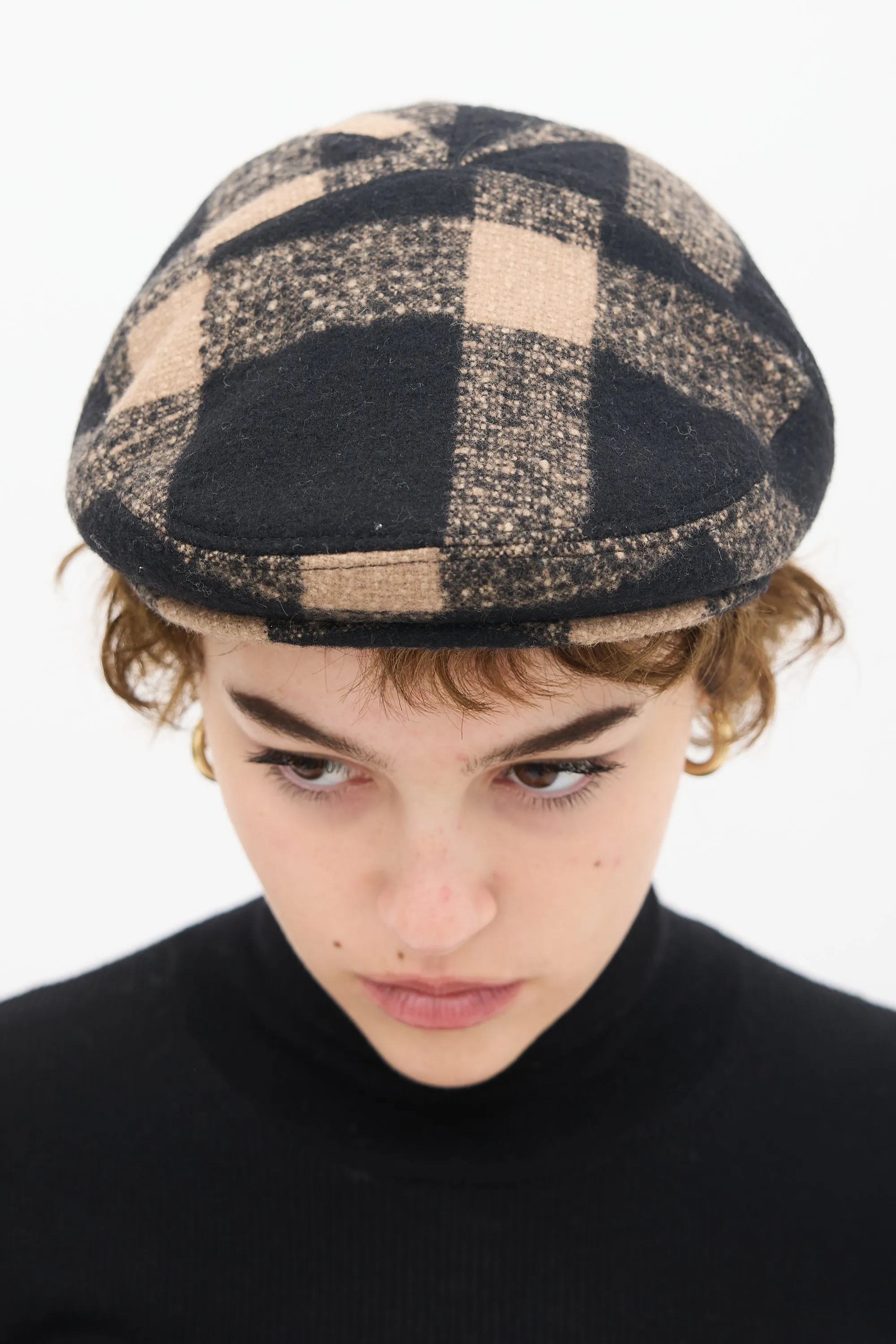 Black & Beige Wool Plaid Hat