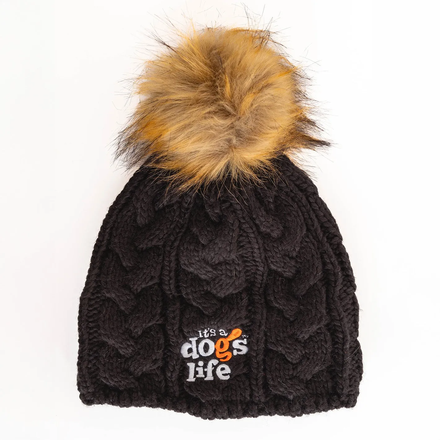 Cable Knit  Beanie with Faux Fur Pom - Black