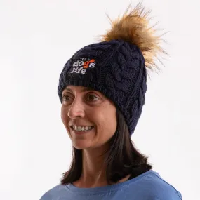 Cable Knit  Beanie with Faux Fur Pom - Black