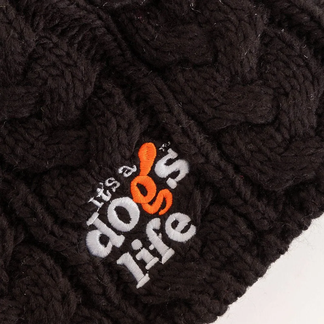 Cable Knit  Beanie with Faux Fur Pom - Black