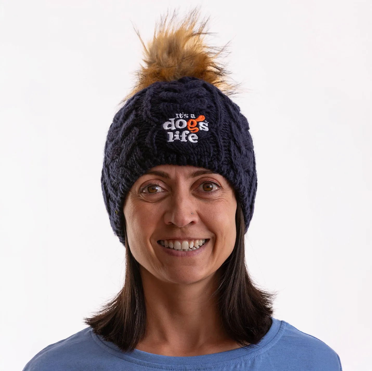 Cable Knit  Beanie with Faux Fur Pom - Black