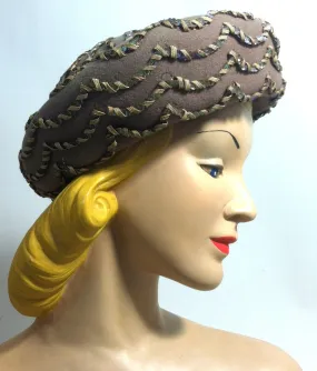 Cafe au Lait Felted Wool Rolled Brim Hat w/ Sequins circa 1960s