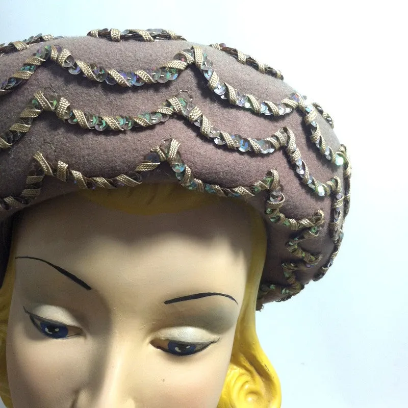 Cafe au Lait Felted Wool Rolled Brim Hat w/ Sequins circa 1960s