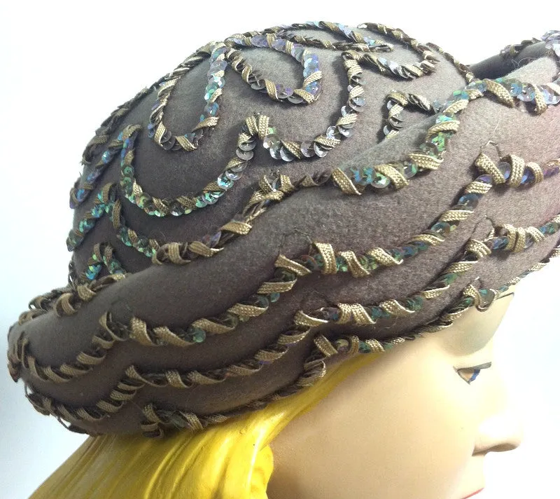 Cafe au Lait Felted Wool Rolled Brim Hat w/ Sequins circa 1960s