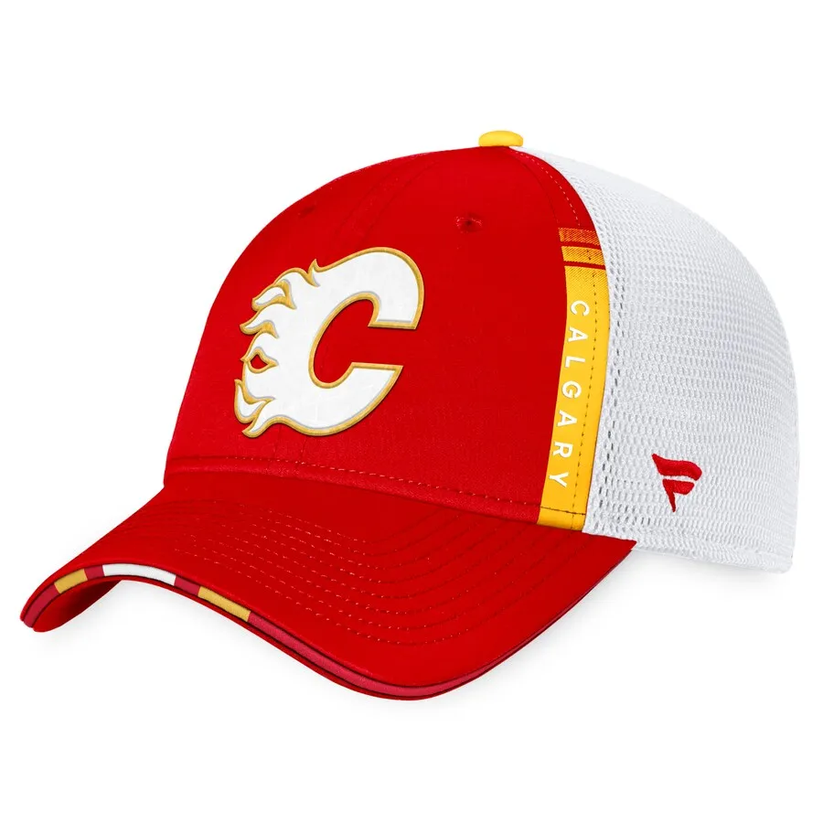Calgary Flames Fanatics Branded 2022 NHL Draft - Authentic Pro On Stage Trucker Adjustable Hat - Red/White
