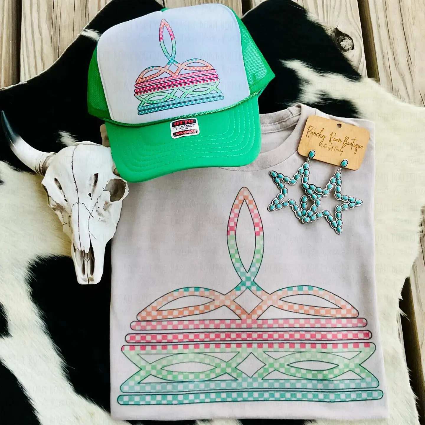 Checkered Boot Stitch Western Foam Trucker Hat