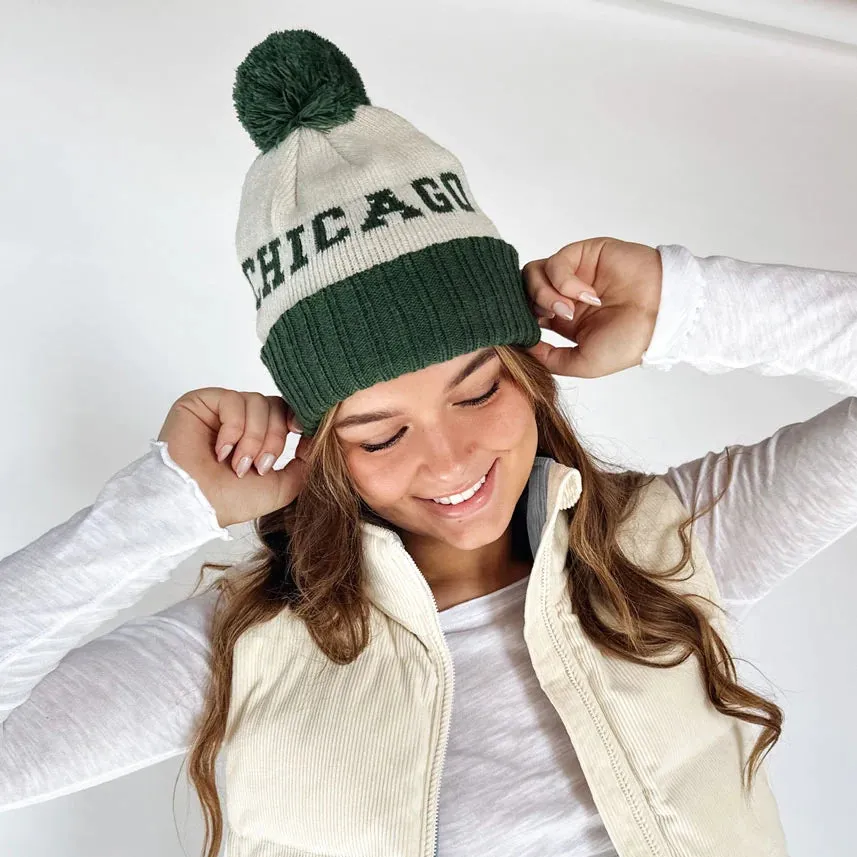 Chicago Block Letter Two-Tone Knit Adult Pom Beanie Hat