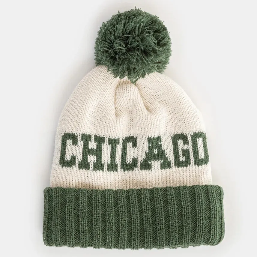 Chicago Block Letter Two-Tone Knit Adult Pom Beanie Hat