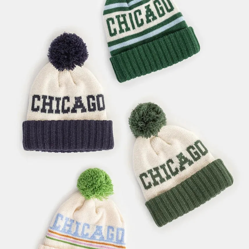 Chicago Block Letter Two-Tone Knit Adult Pom Beanie Hat