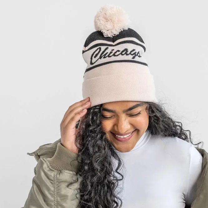 Chicago Knit Script Type Adult Pom Beanie Hat