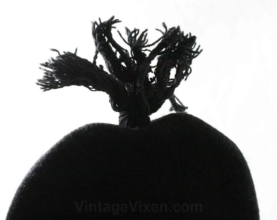 Child's 1940s Winter Hat - Black Wool with Chenille Trim - Long Stocking Cap - Childs Nightcap - Likely European - Tassel End - 48231