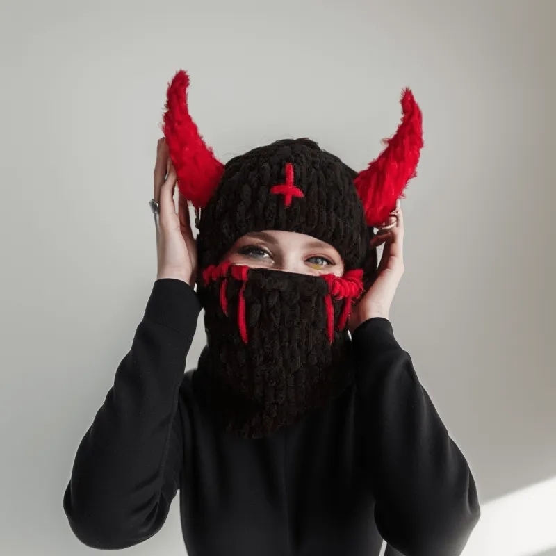 Demon Horn Knit Ski Mask Balaclava Hat