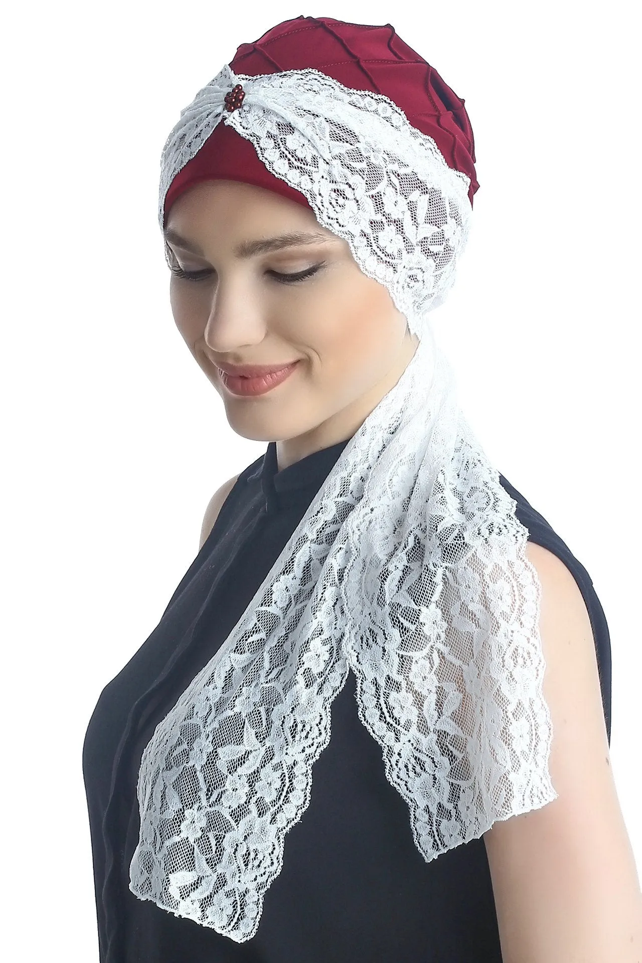 Diamond Patterned Hat with Long Lace Tails