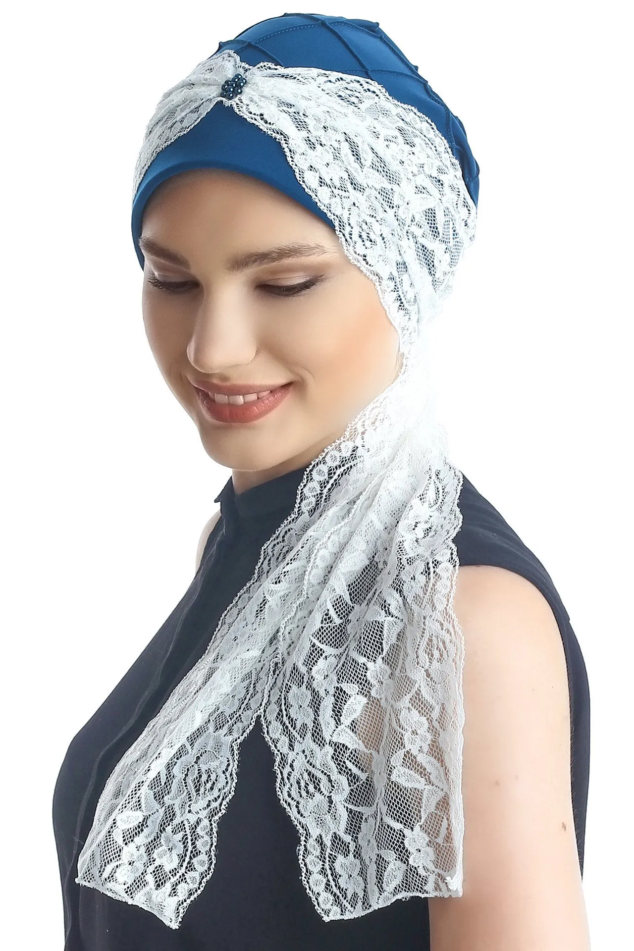Diamond Patterned Hat with Long Lace Tails