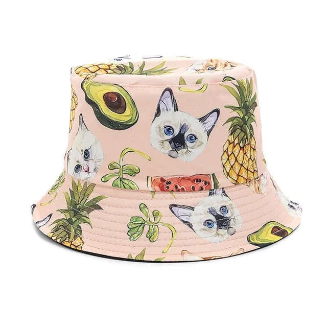 Double-sided Wear Fruit Printing Women Cap Outdoor Sun Hat Bucket Hat