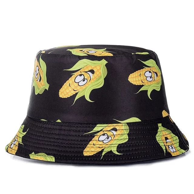Double-sided Wear Fruit Printing Women Cap Outdoor Sun Hat Bucket Hat
