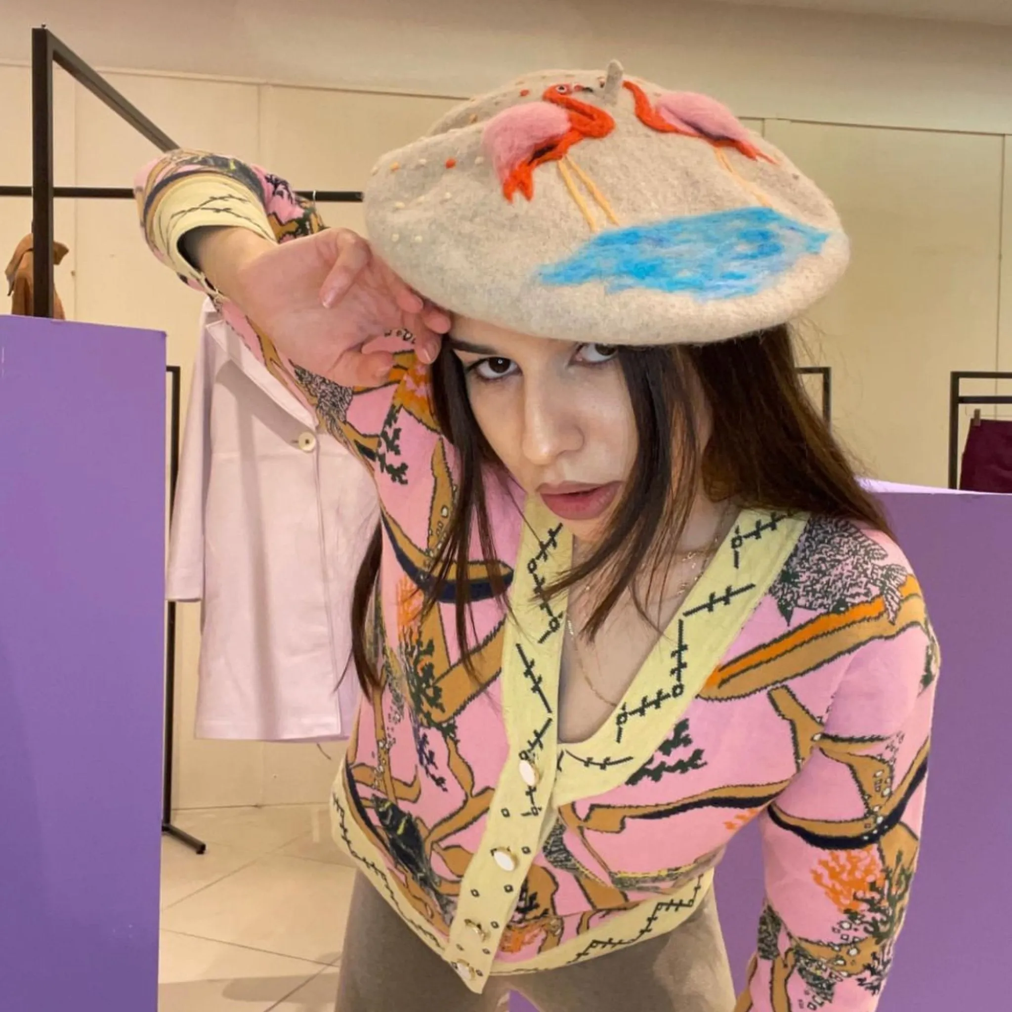 Handmade Beret Hat Flamingo Wool Felt for Women