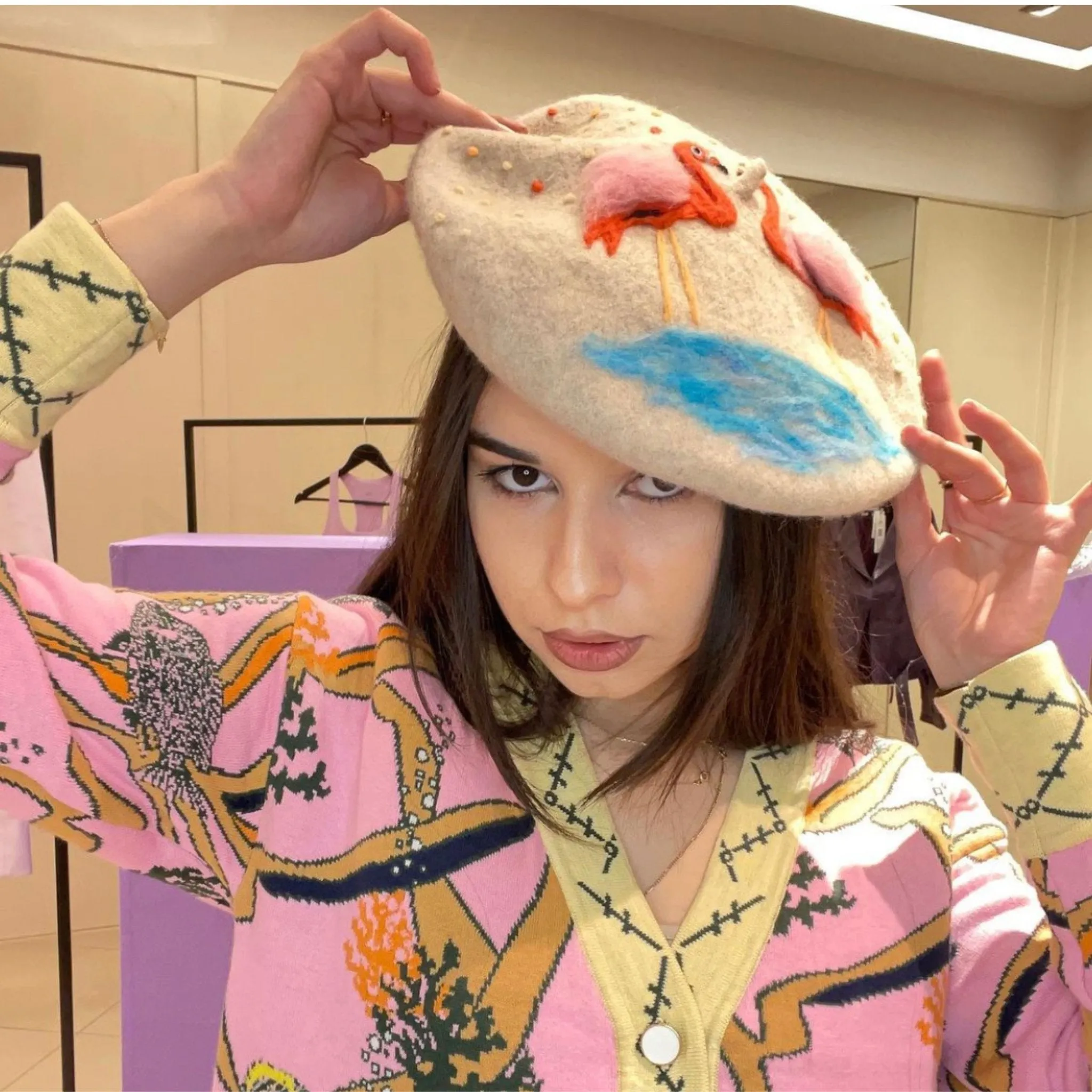 Handmade Beret Hat Flamingo Wool Felt for Women