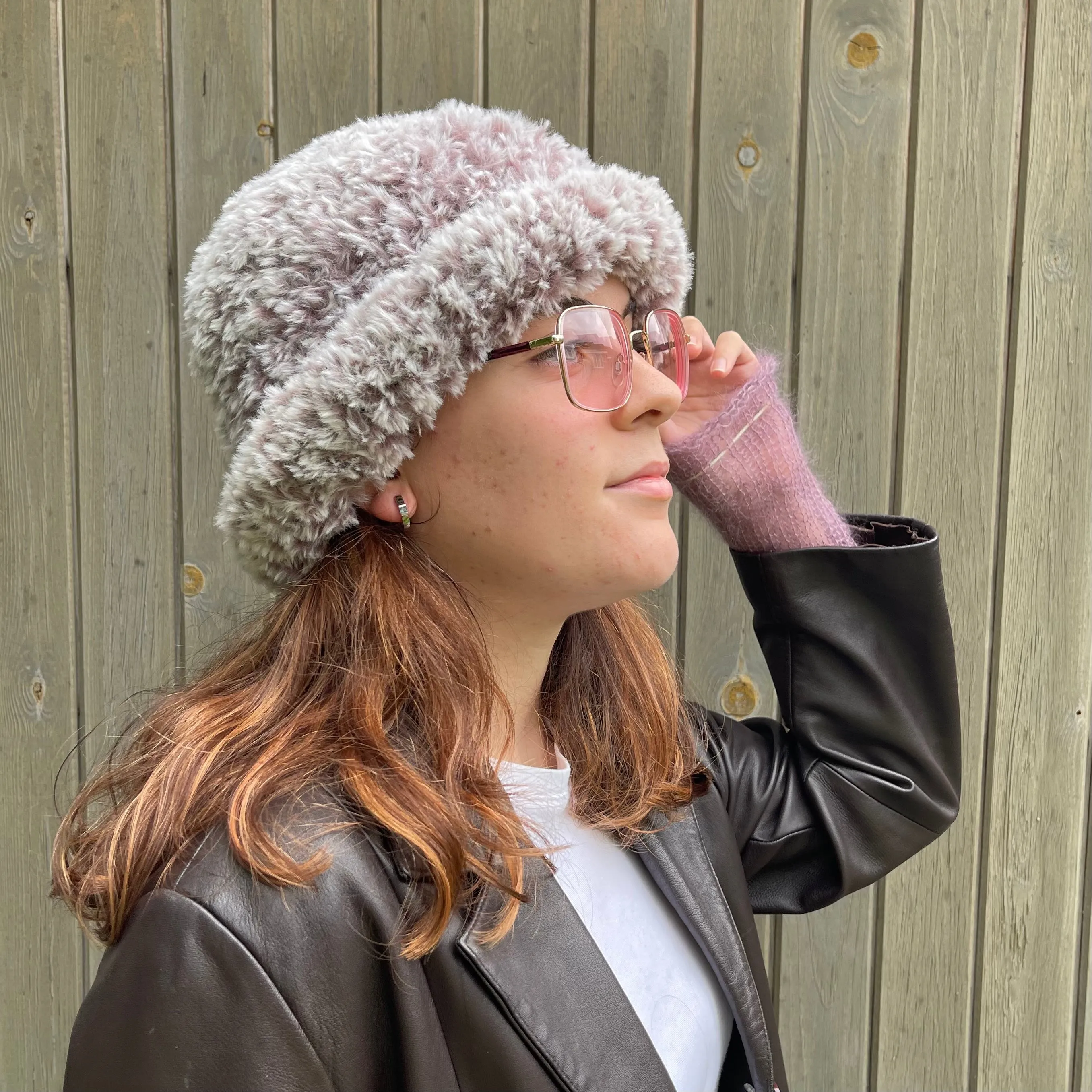 Handmade fluffy / faux fur bowler hat in taupe