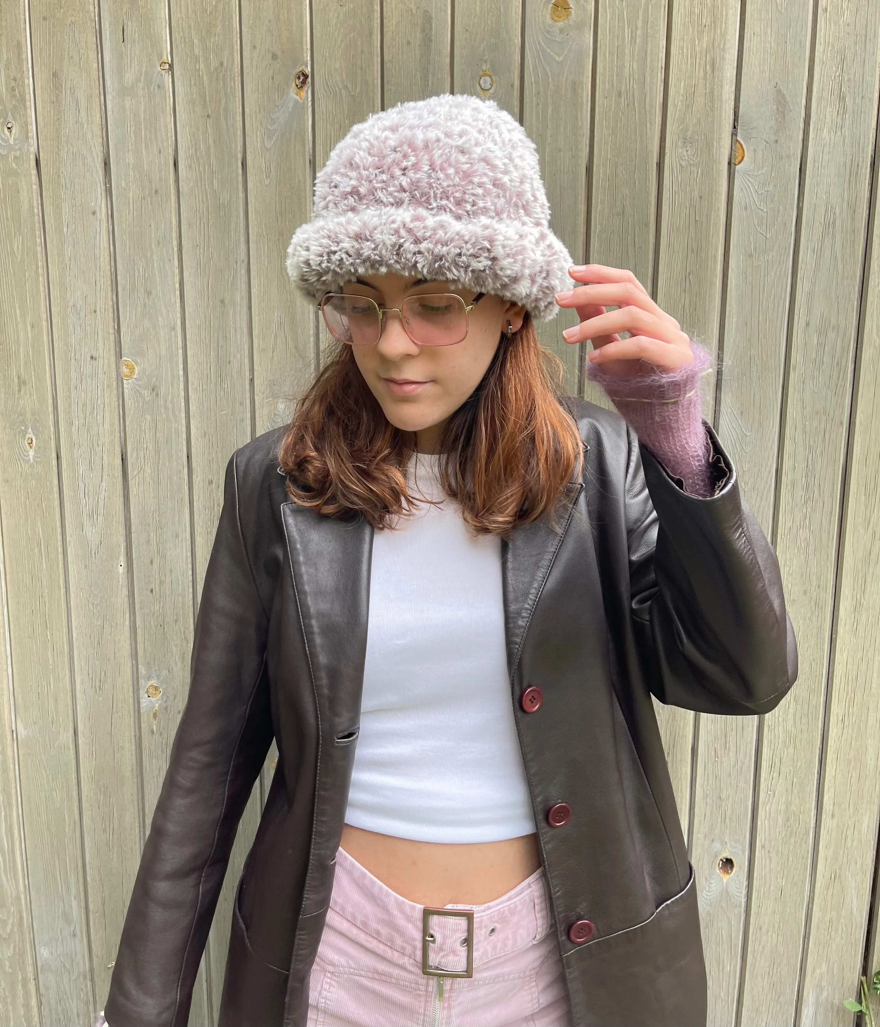 Handmade fluffy / faux fur bowler hat in taupe