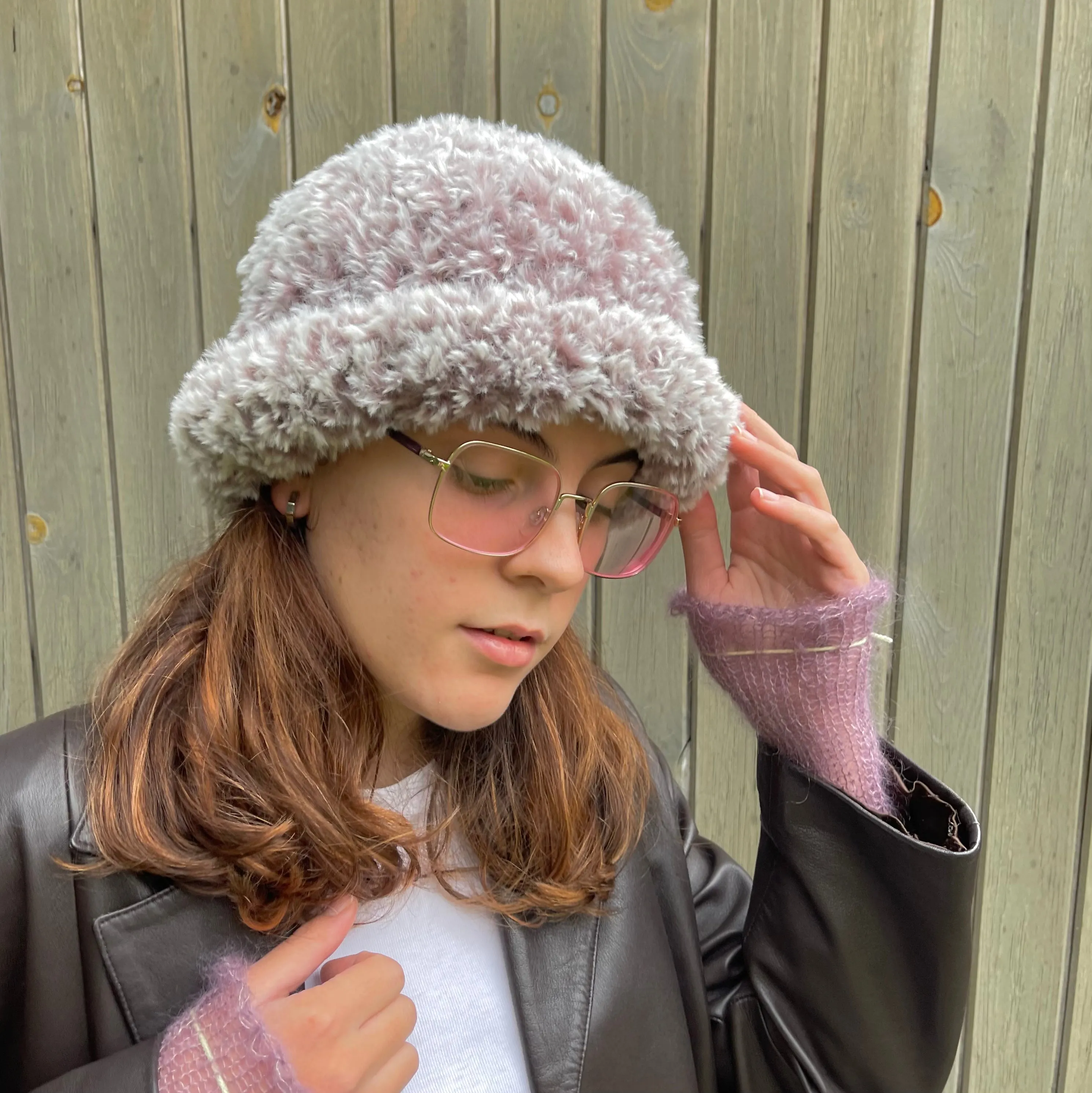 Handmade fluffy / faux fur bowler hat in taupe
