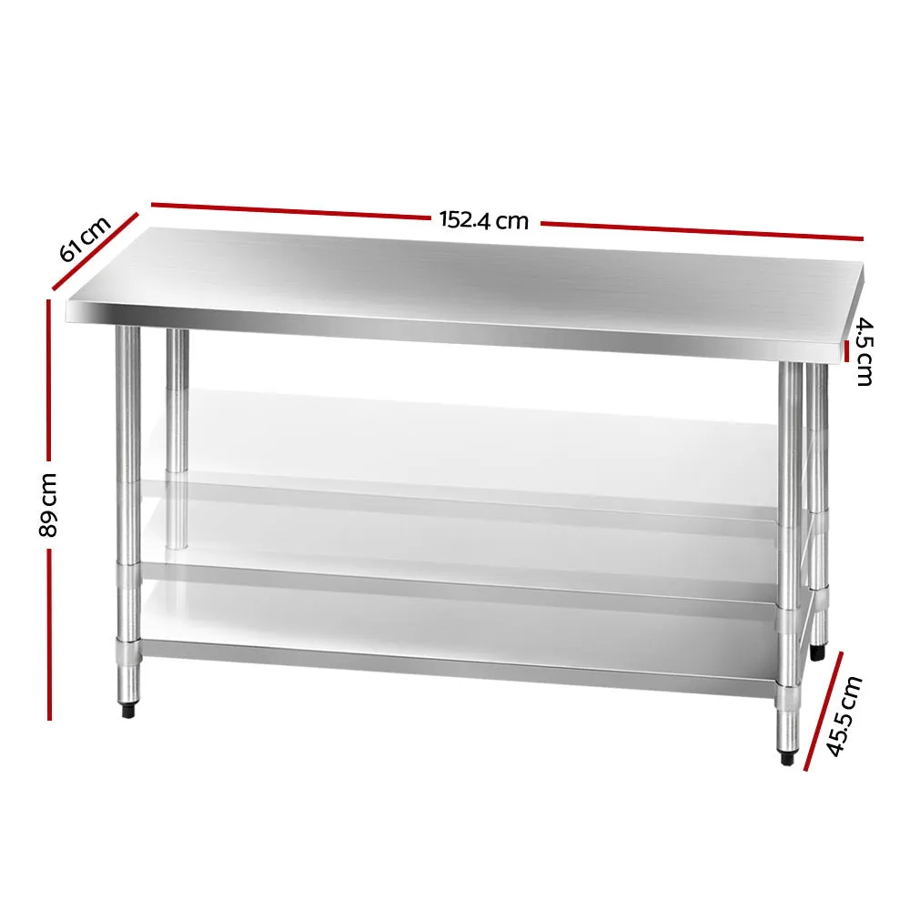 Heavy Duty 304 Stainless Steel Kitchen Bench 1524mm - Cefito