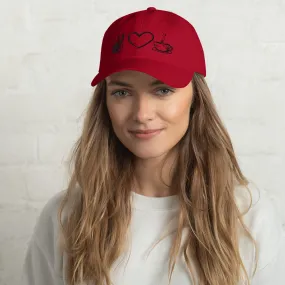 Java Joy: Peace, Love, Coffee Embroidered Dad Hat, lioness-love