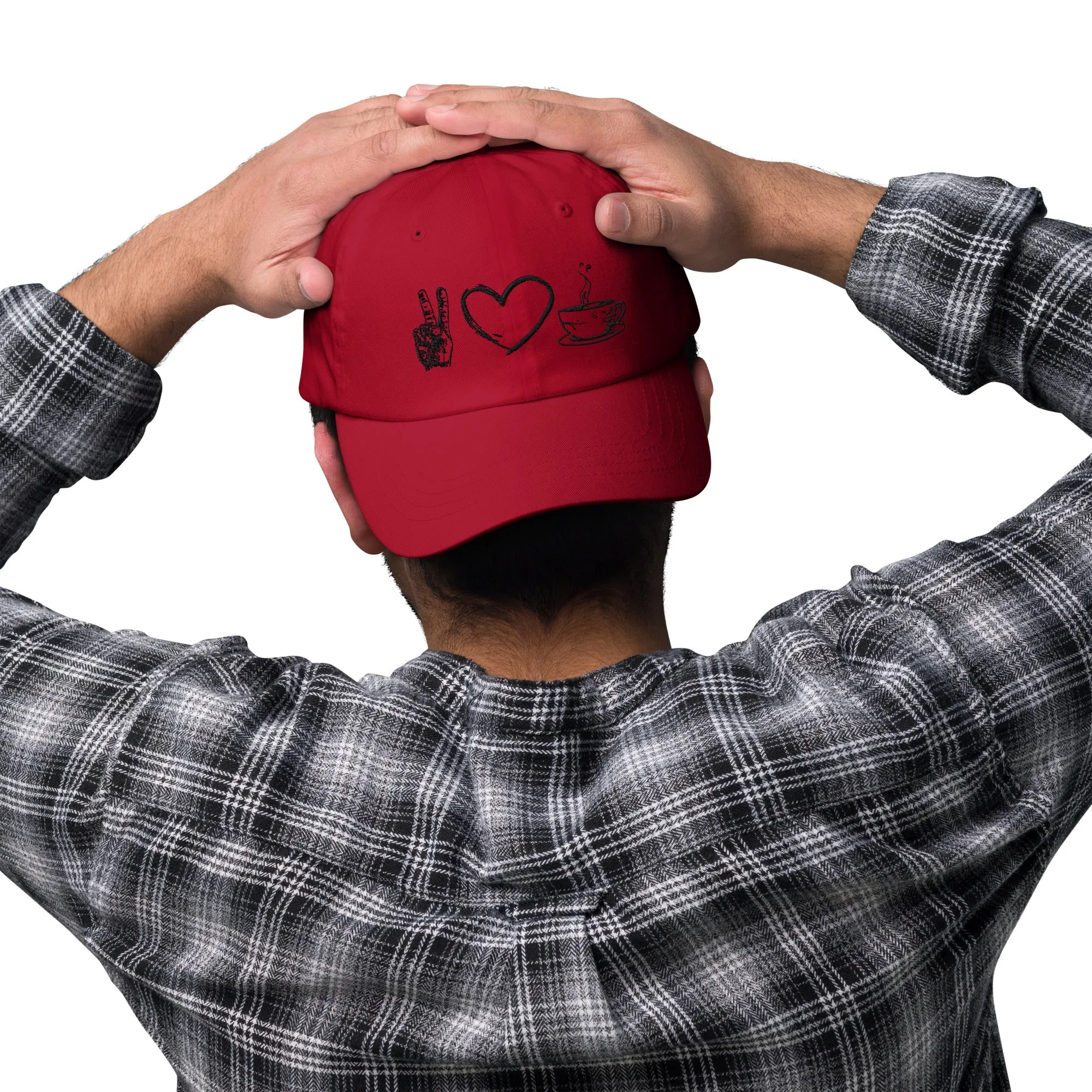 Java Joy: Peace, Love, Coffee Embroidered Dad Hat, lioness-love