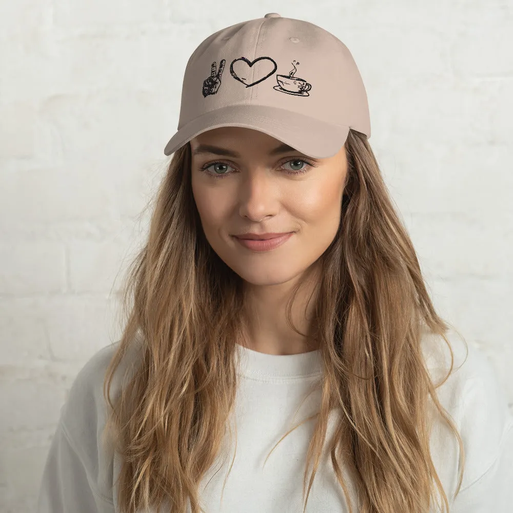 Java Joy: Peace, Love, Coffee Embroidered Dad Hat, lioness-love