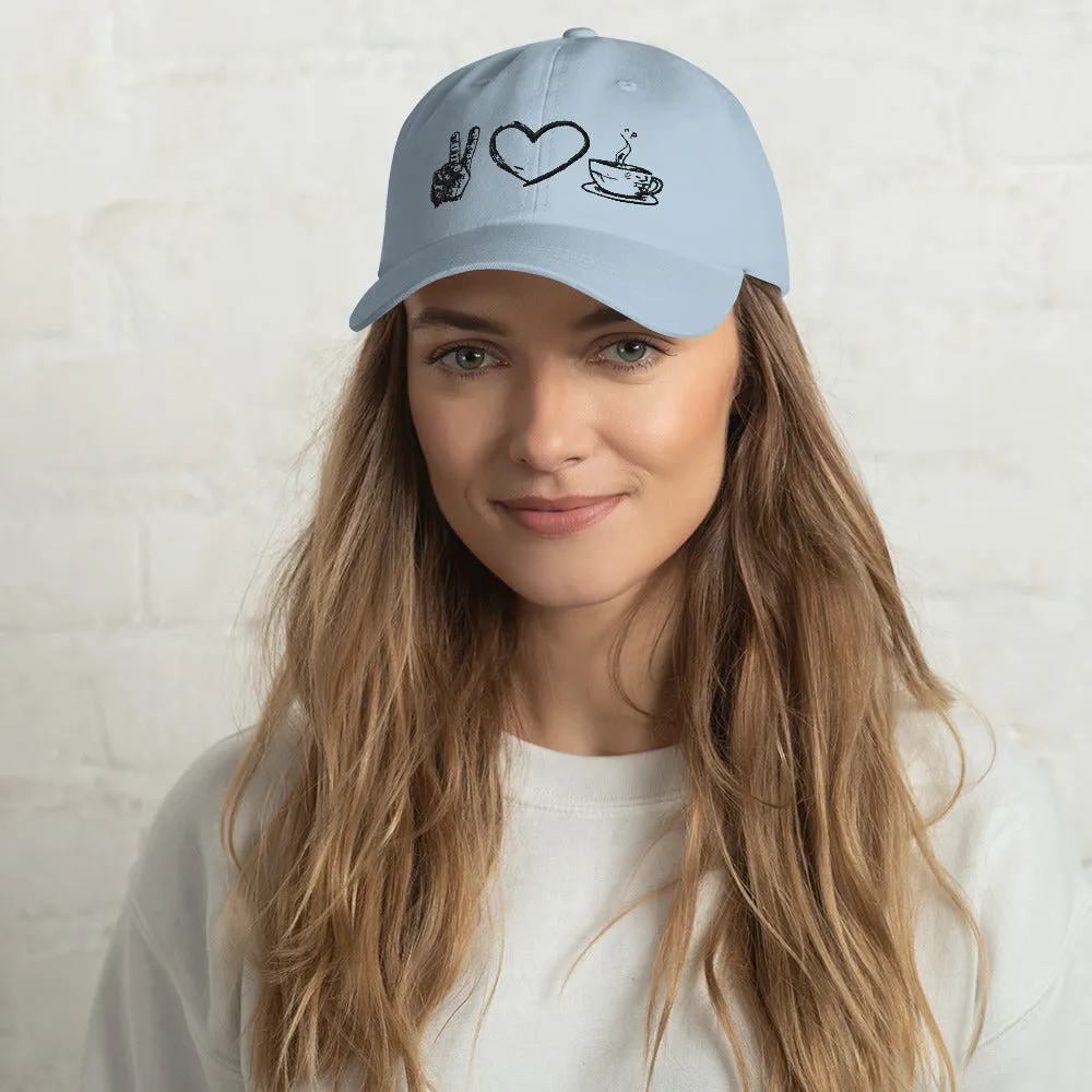 Java Joy: Peace, Love, Coffee Embroidered Dad Hat, lioness-love