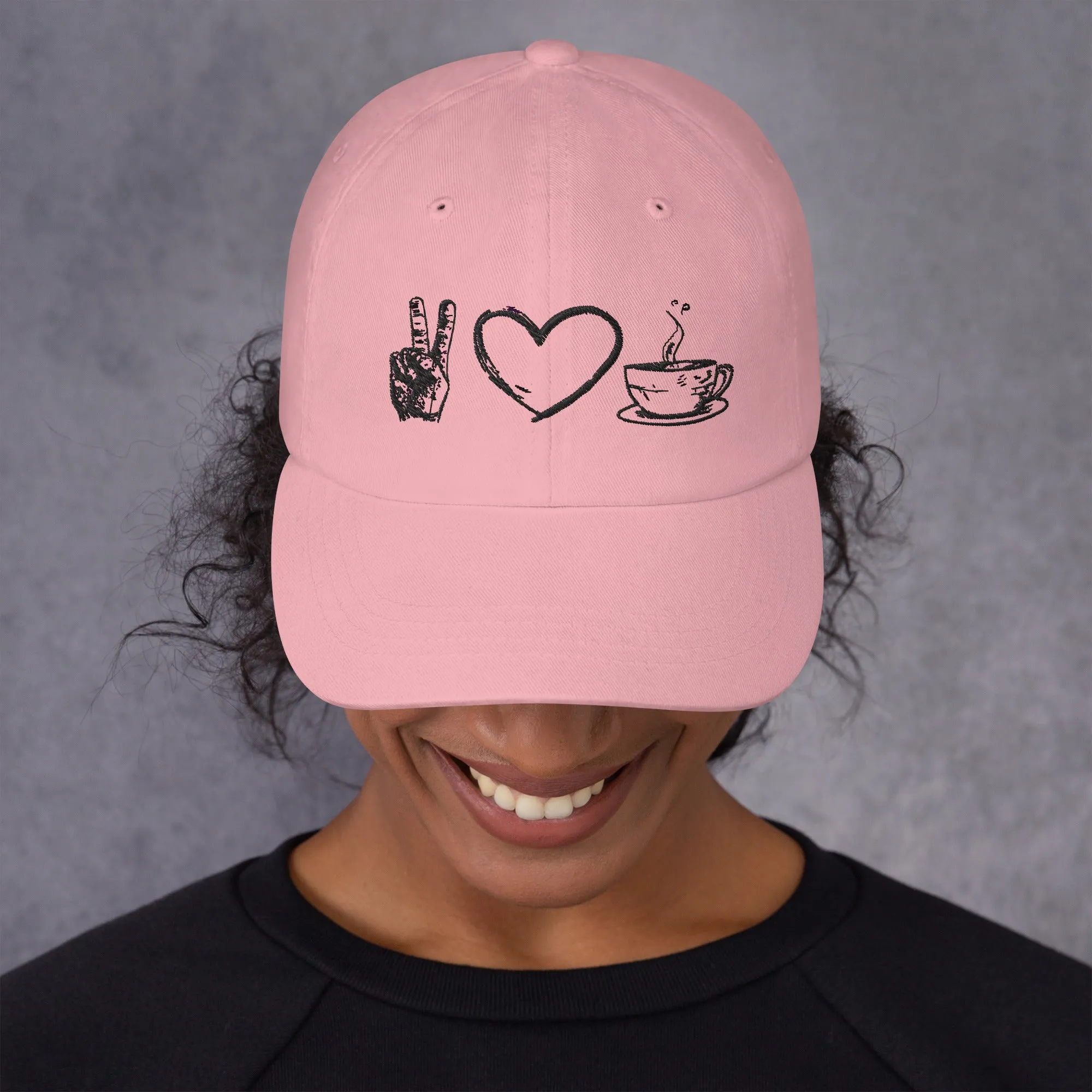 Java Joy: Peace, Love, Coffee Embroidered Dad Hat, lioness-love