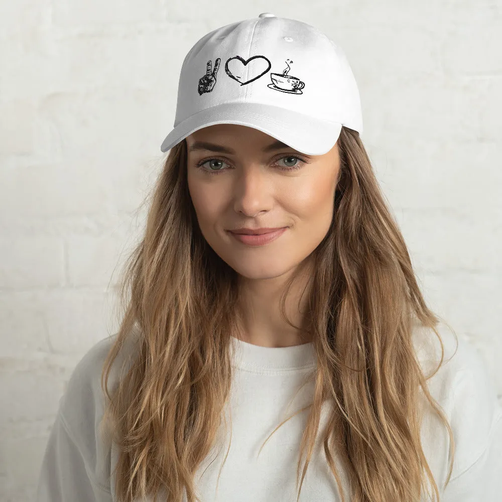 Java Joy: Peace, Love, Coffee Embroidered Dad Hat, lioness-love