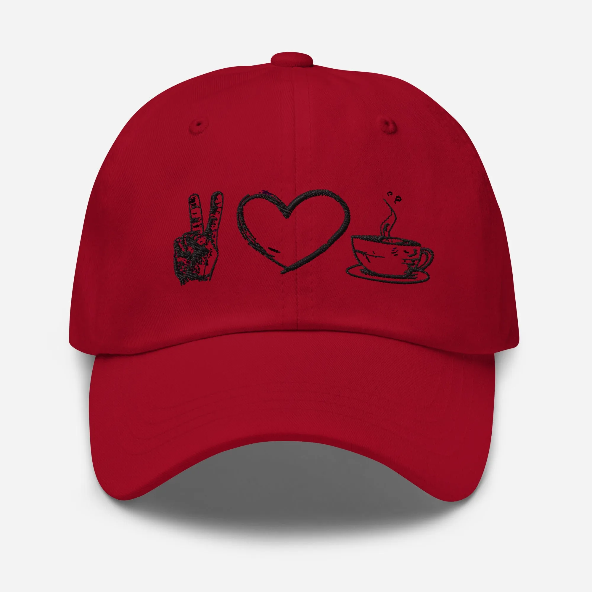 Java Joy: Peace, Love, Coffee Embroidered Dad Hat, lioness-love