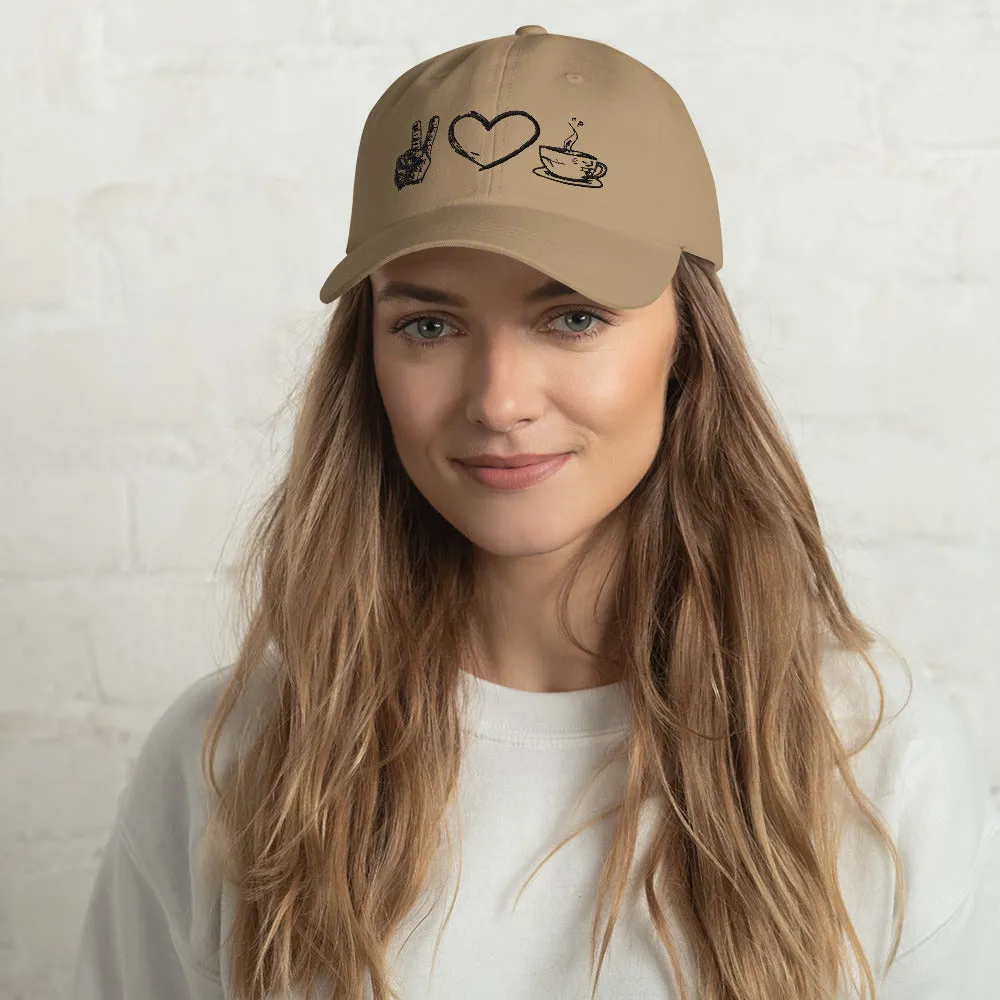 Java Joy: Peace, Love, Coffee Embroidered Dad Hat, lioness-love