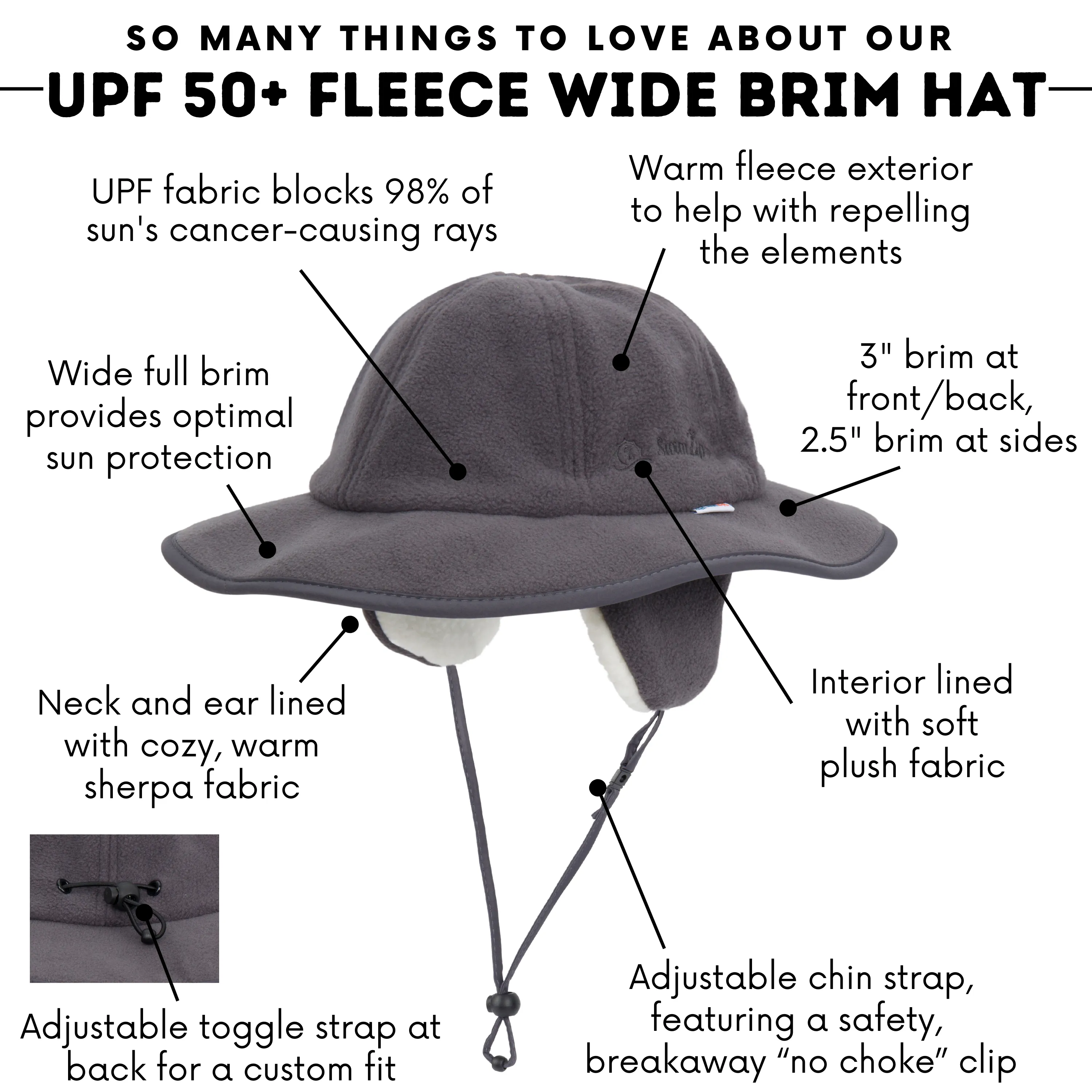 Kids Tundra Ear Flap Fleece Winter Wide Brim Sun Hat - Slate