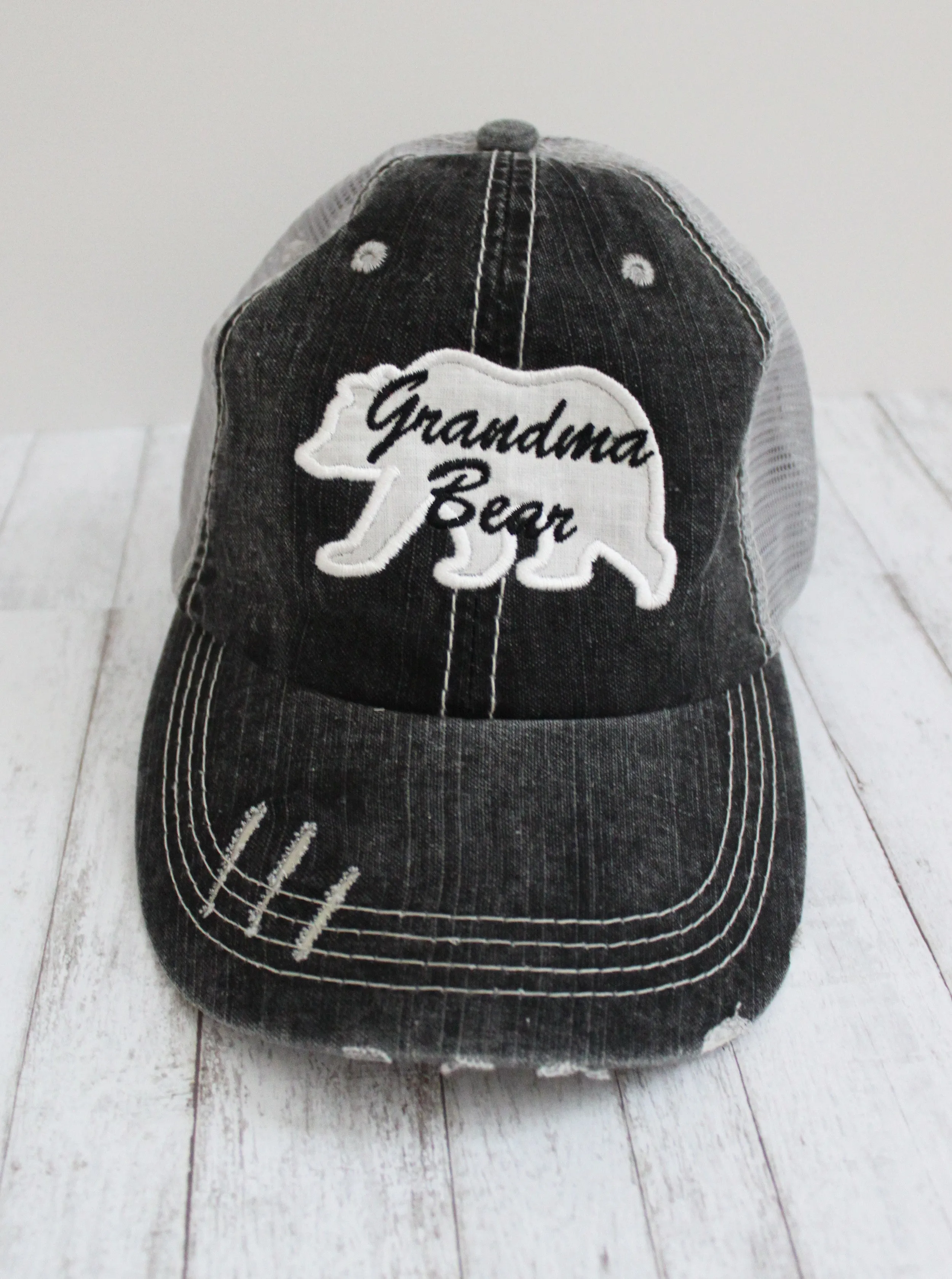 Mama or Grandma Bear Grey Distressed Trucker Hat