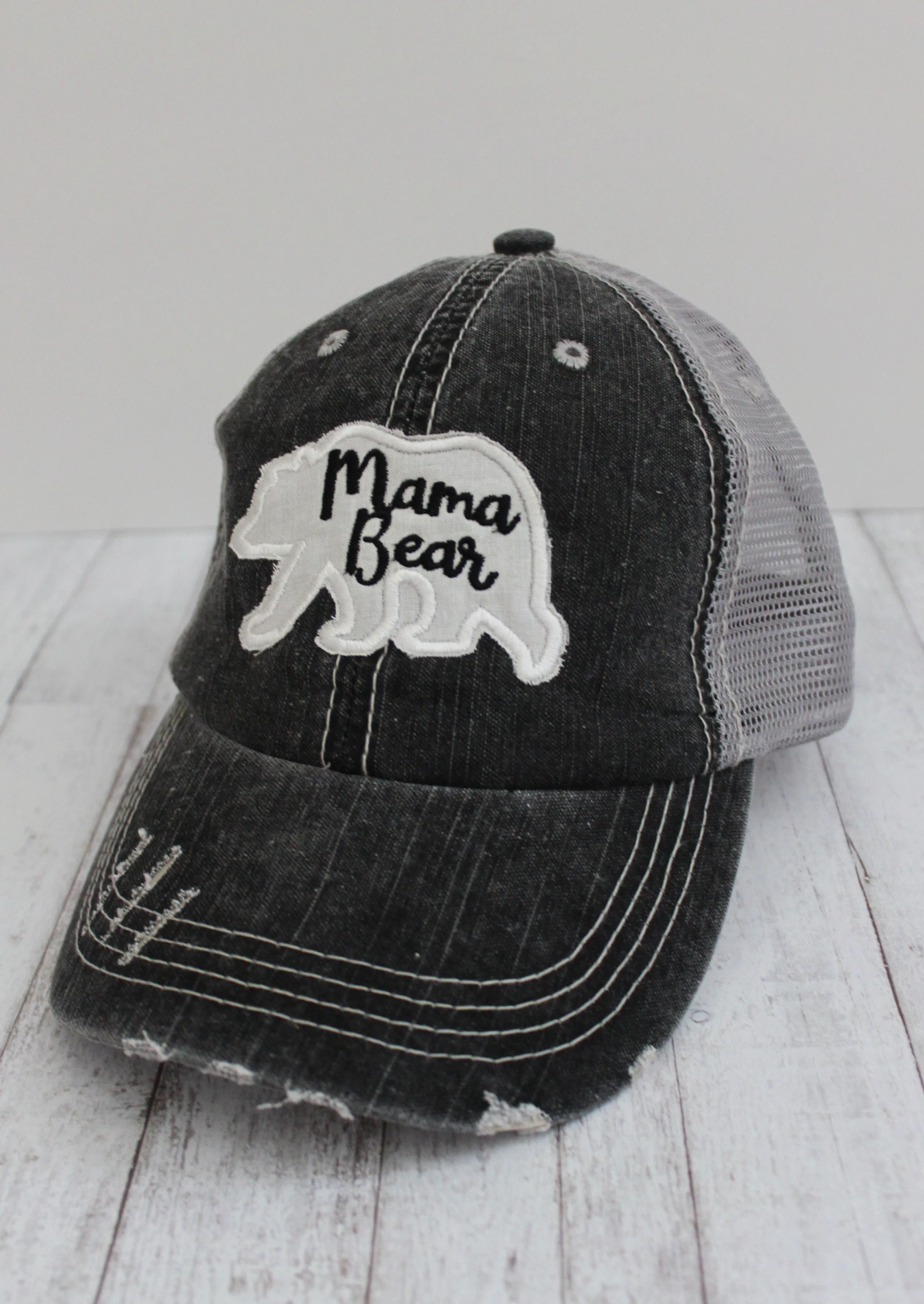 Mama or Grandma Bear Grey Distressed Trucker Hat