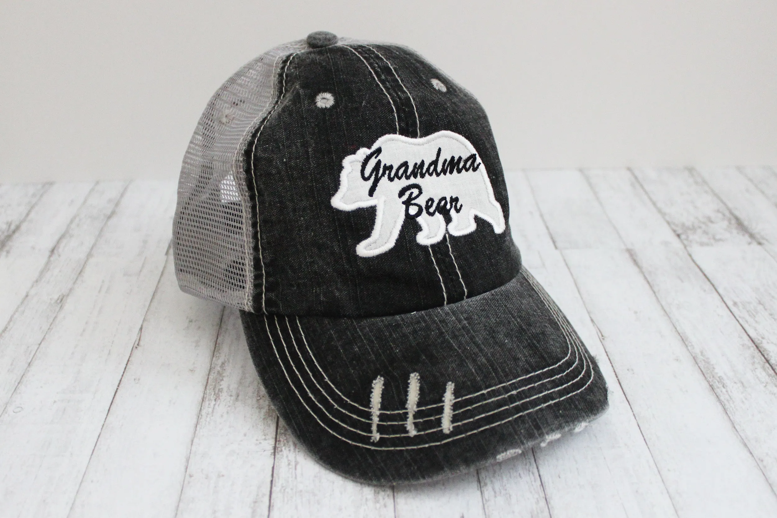 Mama or Grandma Bear Grey Distressed Trucker Hat