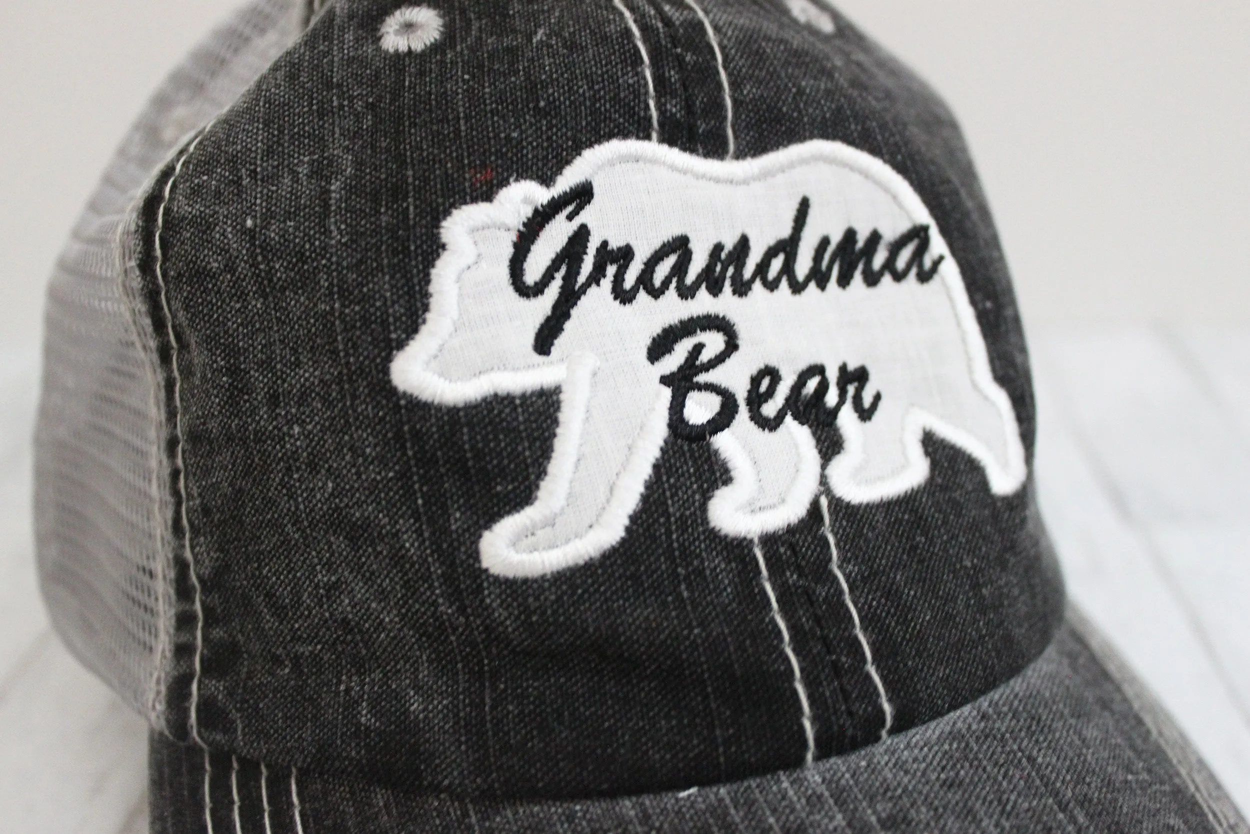 Mama or Grandma Bear Grey Distressed Trucker Hat