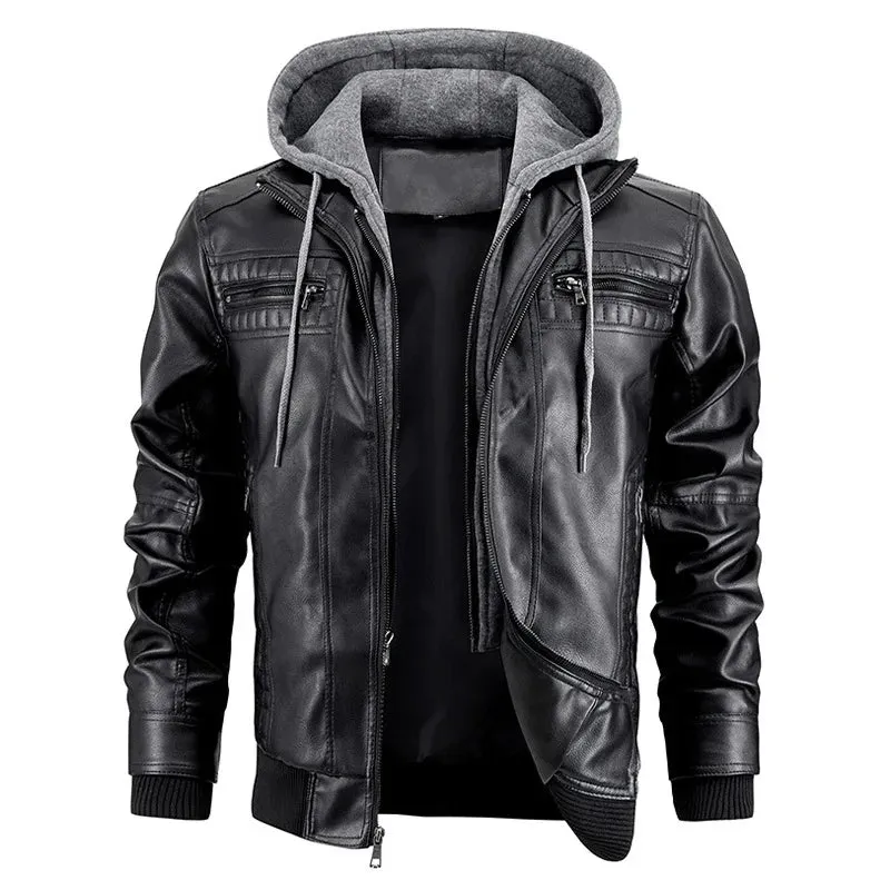 Men's Leather Jacket Motorcycle Slim Fit Hooded PU Coat Top Autumn Winter Casual Windproof