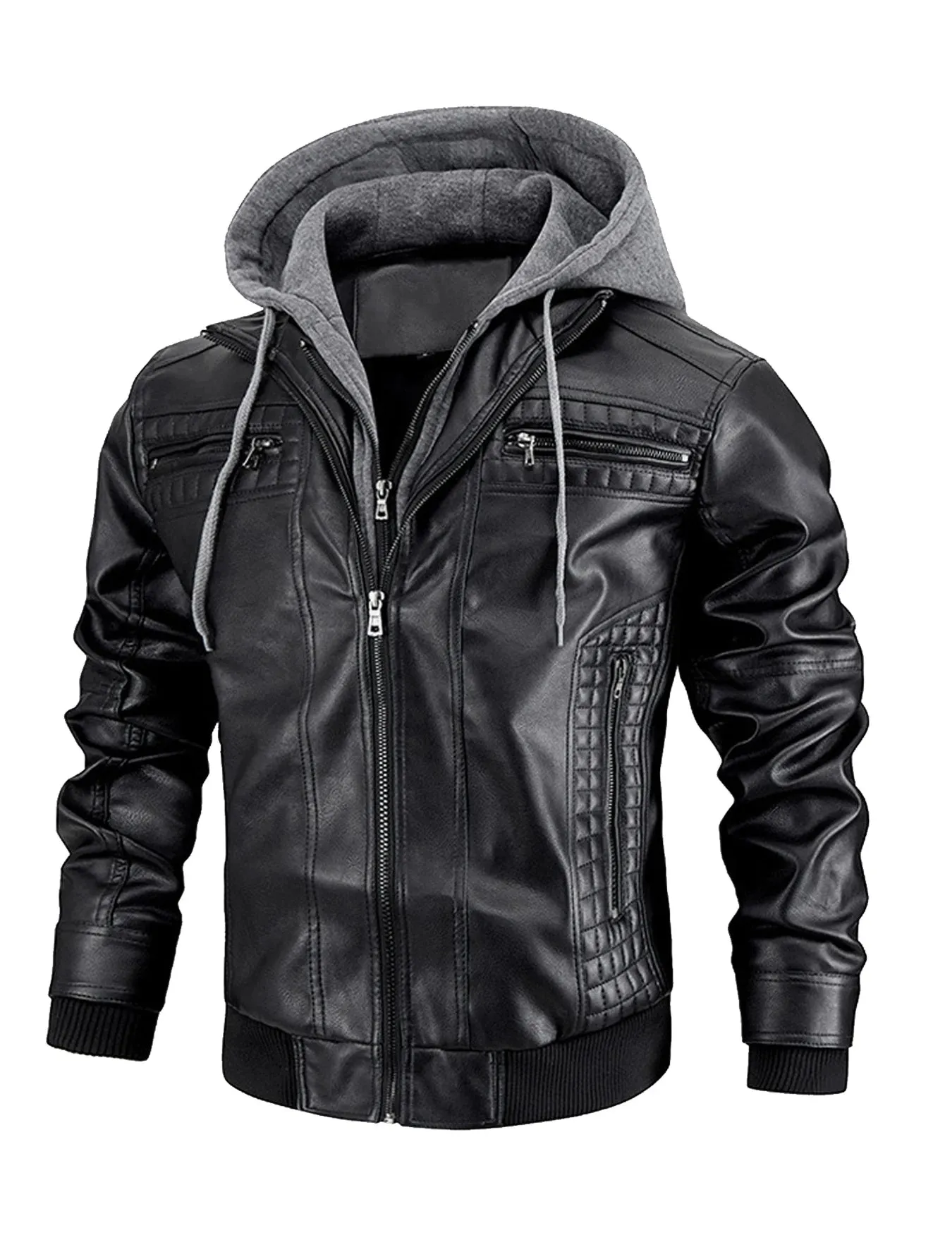 Men's Leather Jacket Motorcycle Slim Fit Hooded PU Coat Top Autumn Winter Casual Windproof
