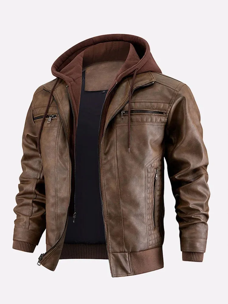 Men's Leather Jacket Motorcycle Slim Fit Hooded PU Coat Top Autumn Winter Casual Windproof